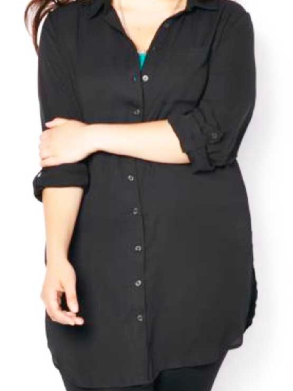 TUNIC, BLACK, SIZE 4X, LIGHT FABRIC, LONG ROLL UP SLEEVES WITH BUTTON CUFFS,